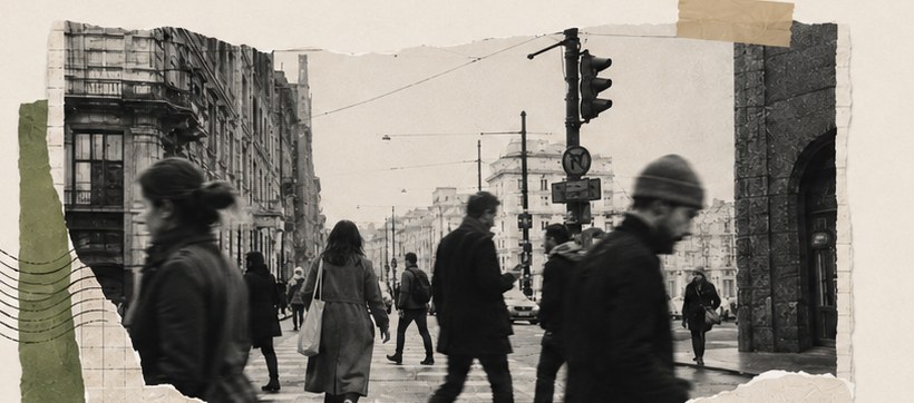 Прохожие на городском перекрёстке, каждый занят собой